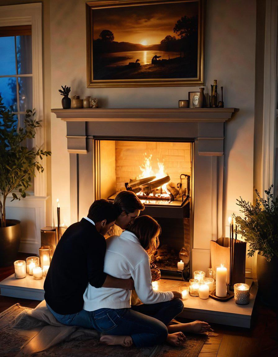 A cozy scene of a couple sharing a heartfelt moment, sitting closely together by a warm fireplace with soft lighting, surrounded by photos and mementos of their shared experiences. In the background, a window reveals a serene moonlit night, symbolizing intimacy and connection. Emphasize warm colors and a dreamy atmosphere. super-realistic. soft color palette.