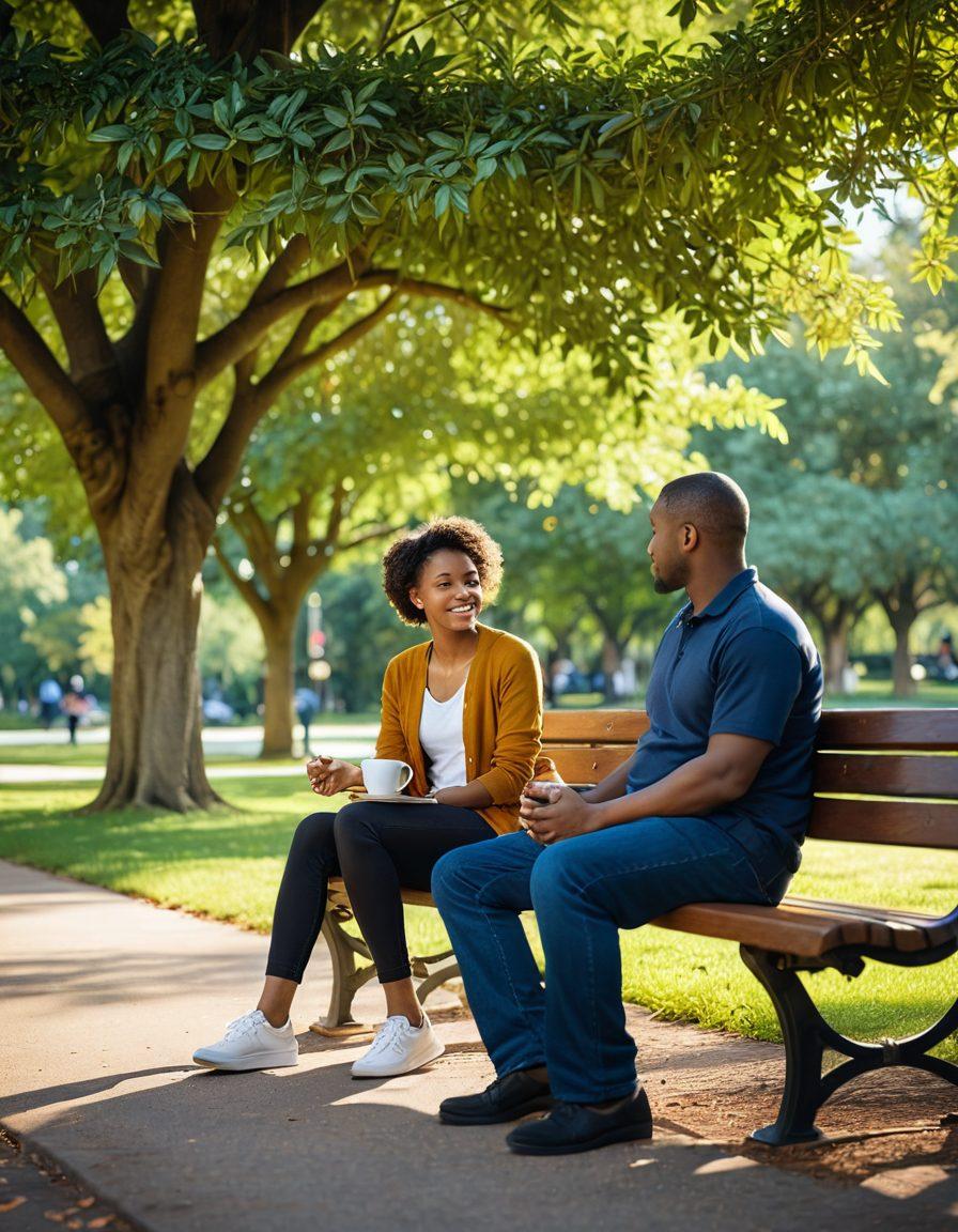 A serene scene depicting two diverse individuals sitting together on a park bench, engaged in deep conversation, their expressions reflecting empathy and understanding. In the background, trees symbolize growth and renewal, while soft sunlight filters through, casting a warm glow. Include elements like a journal and a cup of tea to signify emotional support and connection. super-realistic. vibrant colors. soft-focus.