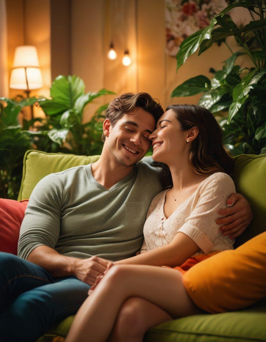 A warm, inviting couple sitting on a cozy couch, engaged in deep conversation, with soft lighting creating an intimate atmosphere. Surround them with symbols of happiness, like plants, laughter bubbles, and heart-shaped motifs in the background. Their expressions should convey love and understanding, highlighting the connection between dialogue and emotional support in marriage. super-realistic. vibrant colors. cozy ambiance.